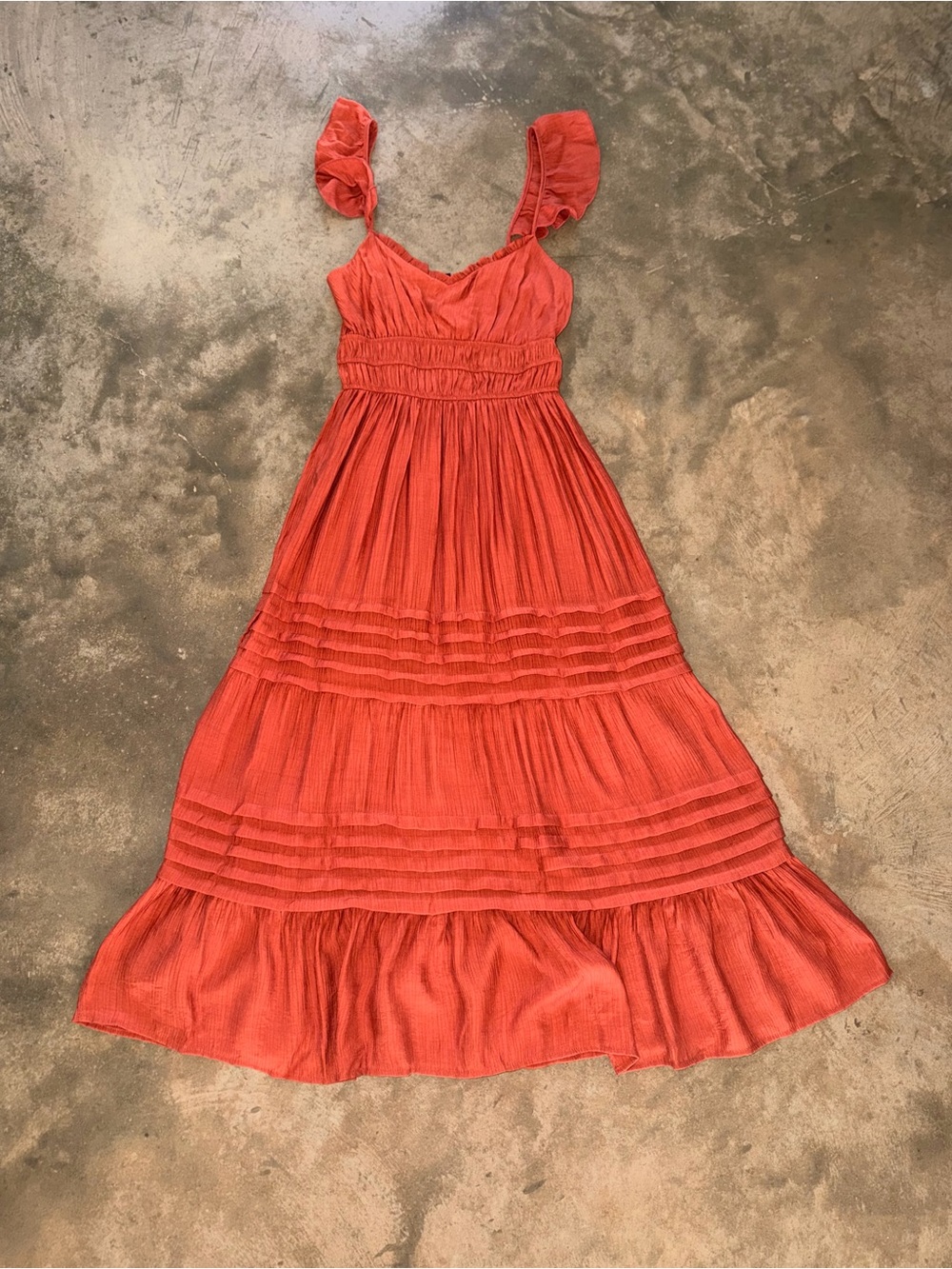 Max + Ash Rust Terracotta Ruffle Tiered Midi Dress S Boho Fall Wedding Flirty